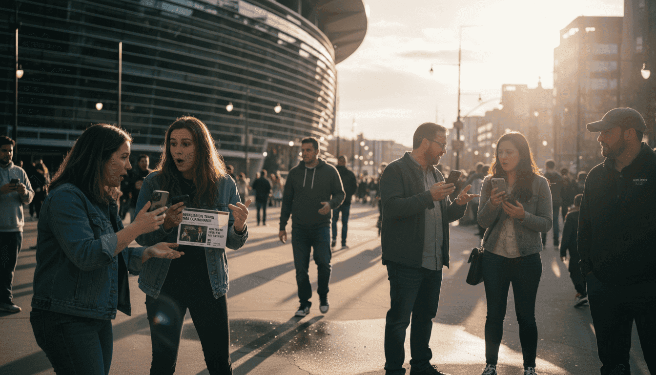 A bustling street scene outside a modern basketball arena, with fans discussing the latest EuroLeague Transfer Market 2026 news on their phones.
