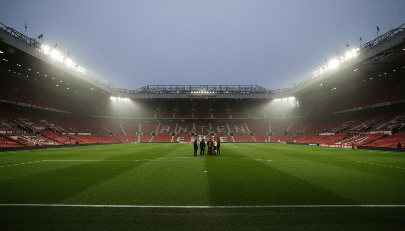 An empty football stadium bathed in twilight, emphasizing the quiet aftermath of the Manchester United vs. Leeds match.