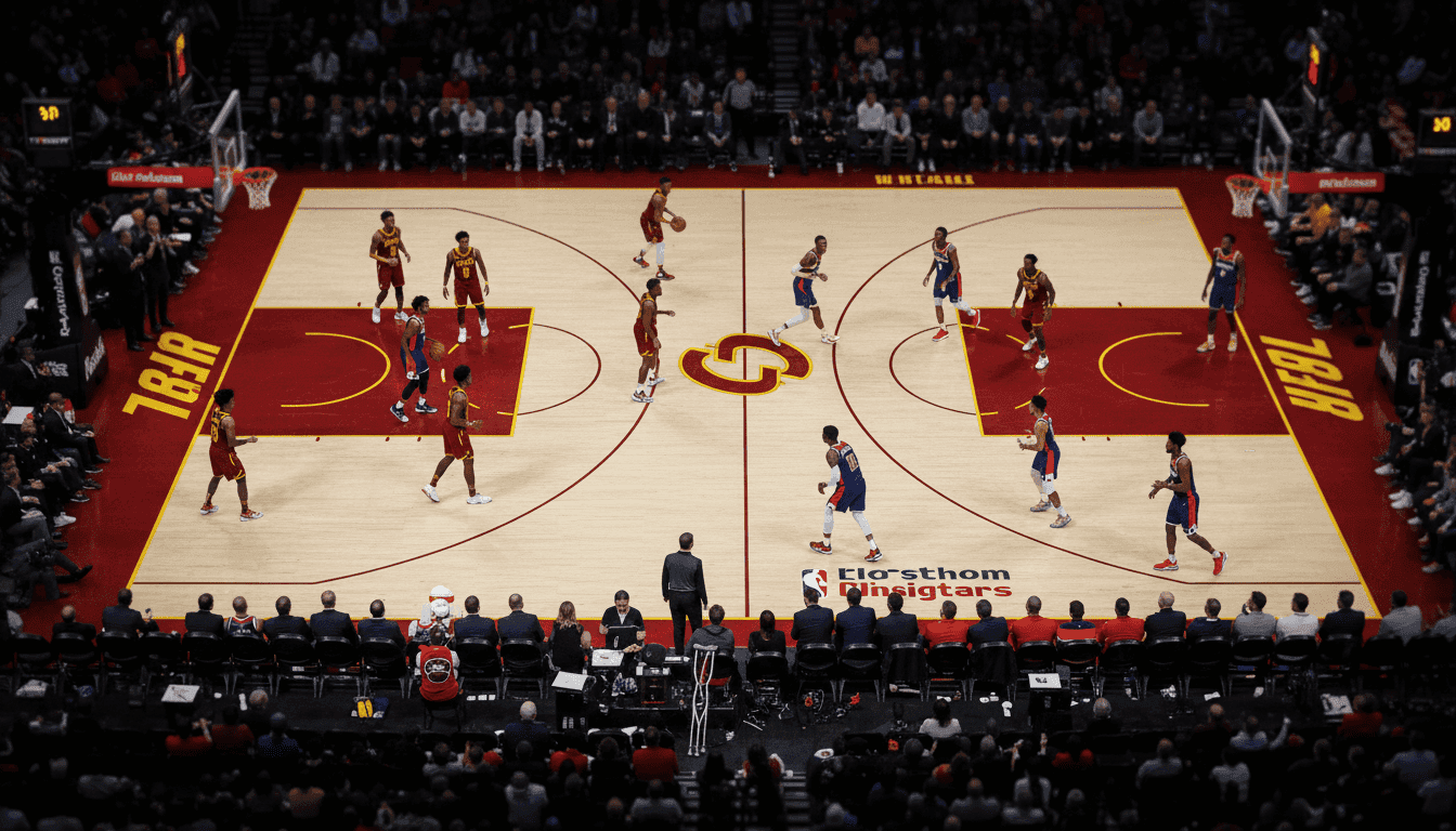 An aerial view of the basketball court during the Cavs Wizards Finale, with team benches and medical staff visible, emphasizing the injury report's importance.