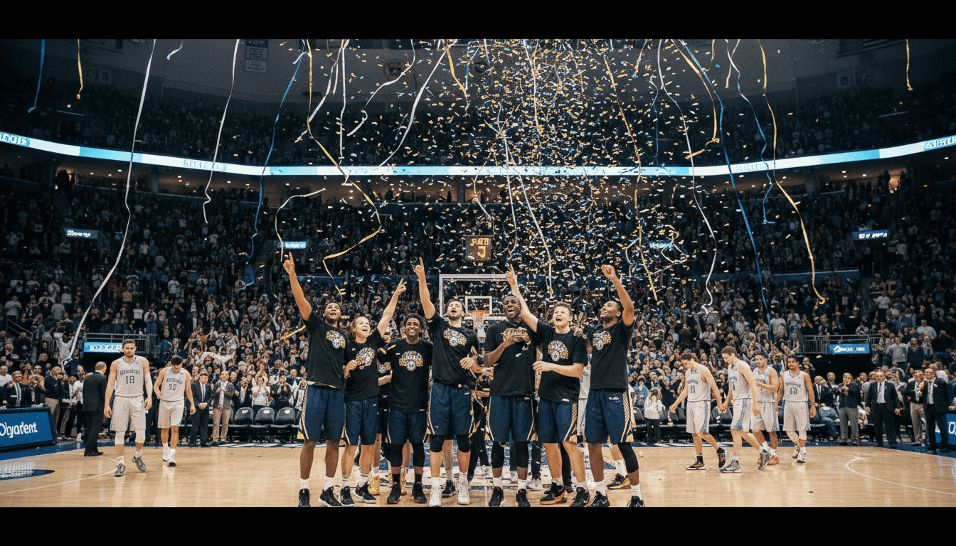 Wide shot of the Michigan Wolverines Outlast Huskies 2026 championship game, with players celebrating on the court.