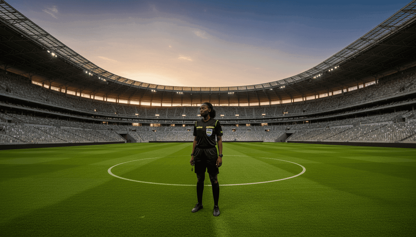 Ghanaian referee Juliet Appiah stands confidently on a football pitch, preparing to officiate a FIFA U17 Women's Cup Qualifier match.