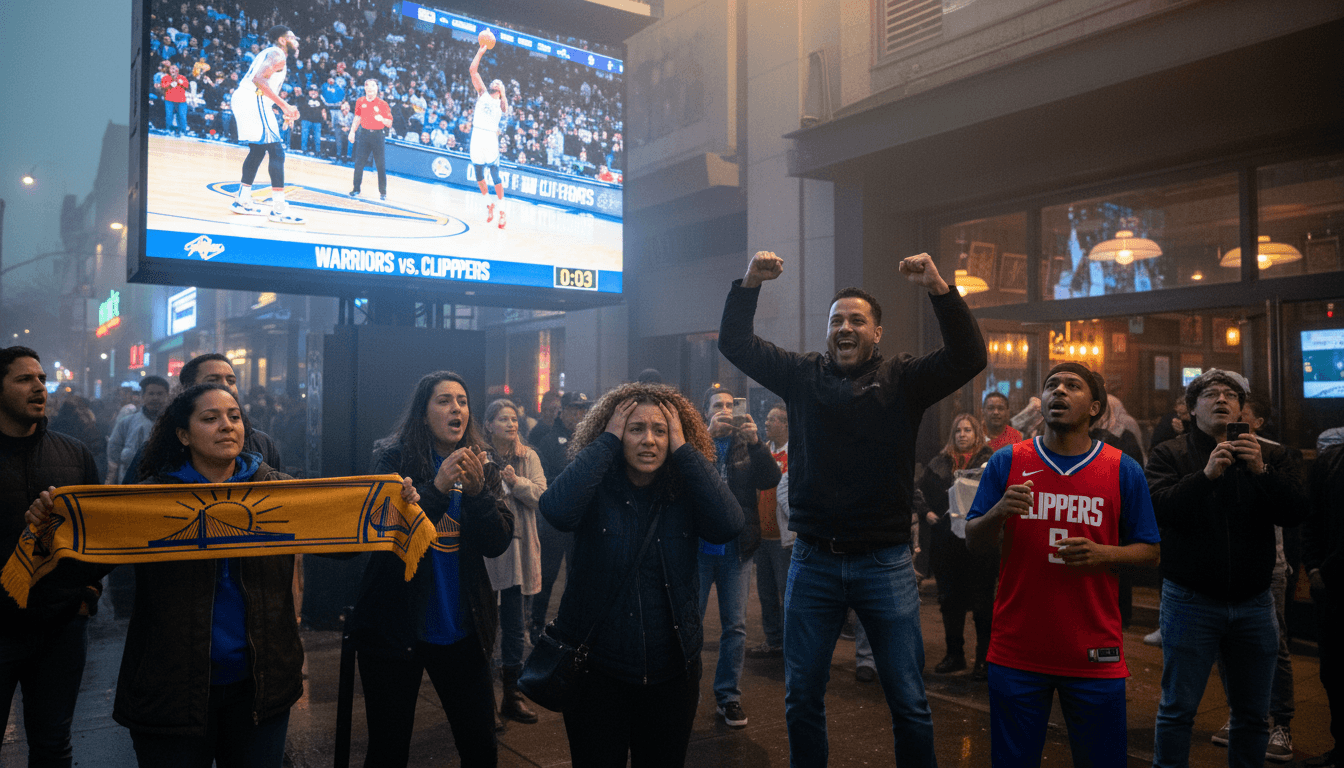 Fans reacting to the intense Warriors vs. Clippers Play-In Tournament game on a large outdoor screen.