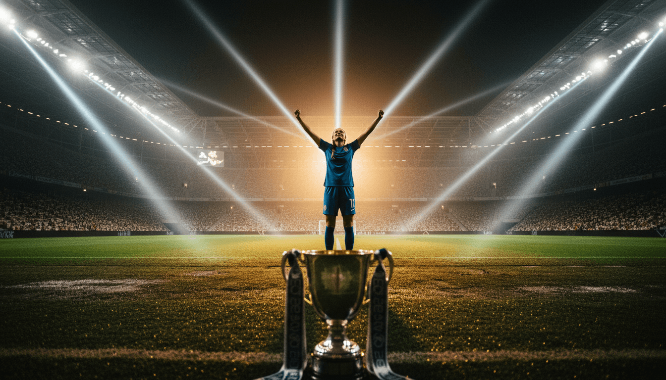 A silhouette of a triumphant football player celebrating a Champions League five-goal haul under stadium lights.
