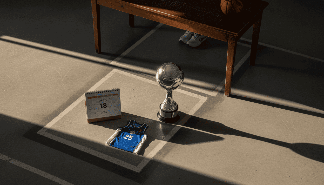 A football trophy with a calendar displaying April 18, 2026, and a small basketball jersey representing Alexey Len's EuroLeague stats, symbolizing the 2027 World Cup Qualifier.