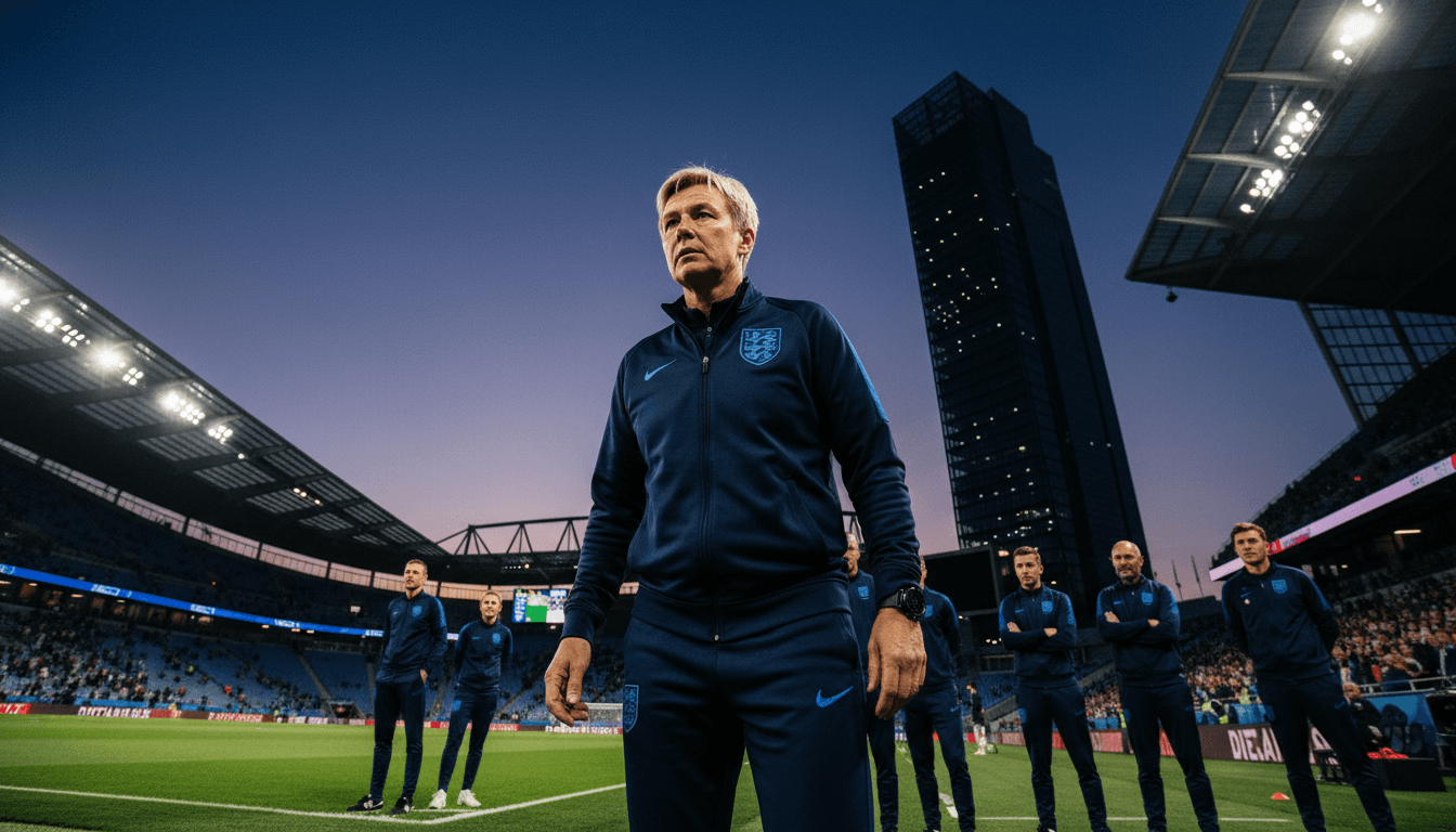 Sarina Wiegman, England's coach, stands on the touchline, looking intently at the pitch during a World Cup qualifying match, reflecting on the challenge of 'no easy game'.