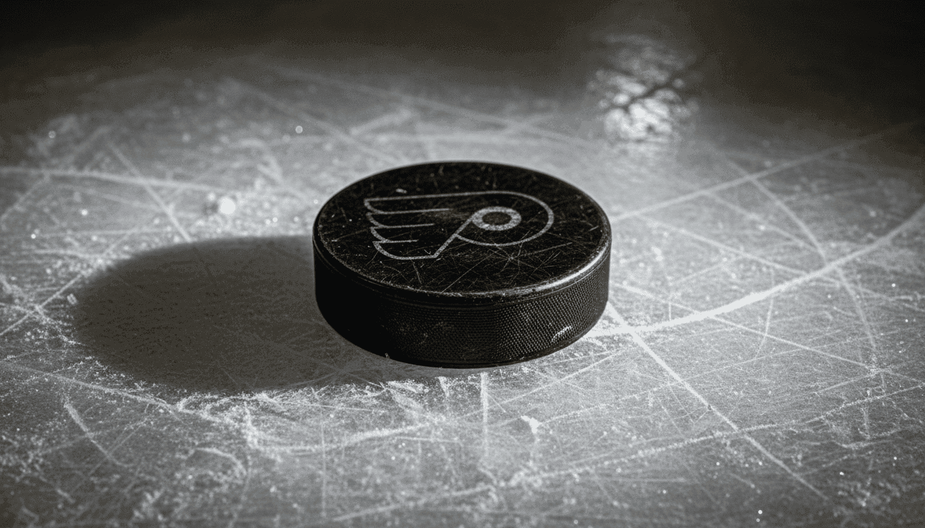 Close-up of a well-worn hockey puck with a faint Flyers logo, showing scuff marks from intense game play, symbolizing the Flyers spoiling playoff return.