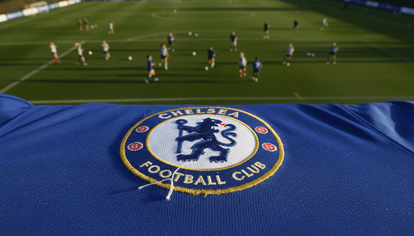 A close-up of the Chelsea FC crest on a blue jersey, symbolizing the club's identity and the dramatic Chelsea transfer strategy shift.