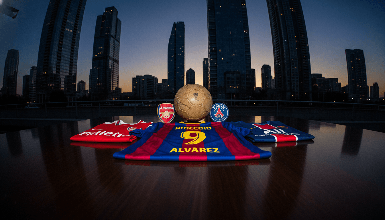 A composed still life featuring a Barcelona football jersey with the number 9 and 'Alvarez' on the back, next to a smaller Arsenal jersey and a PSG jersey, all arranged around a football, symbolizing the Julian Alvarez transfer preference.