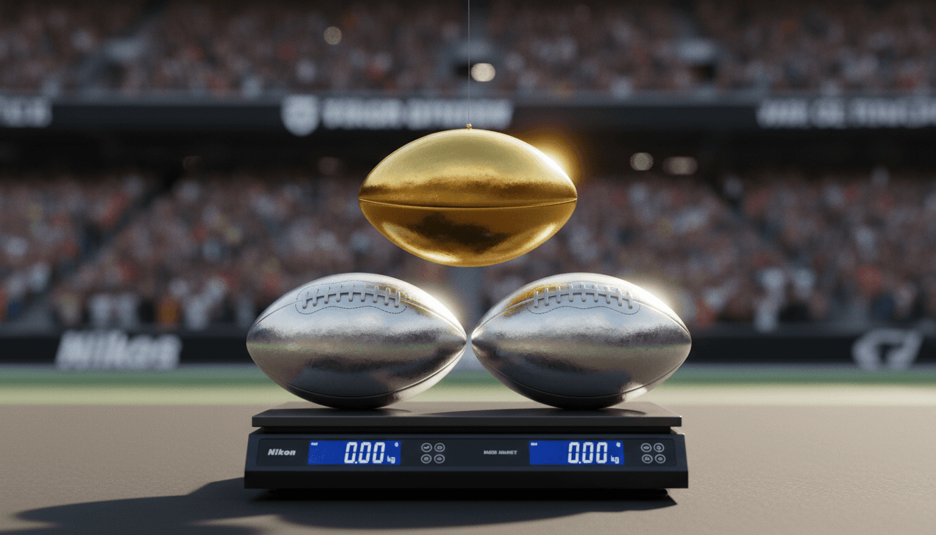 A conceptual image illustrating the complexity of Premier League tie-breaker rules, showing two identical footballs on a digital scale, with a smaller, golden football representing a tie-breaking playoff.