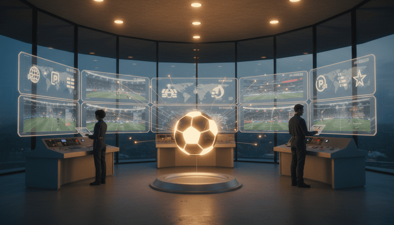 A vibrant digital interface displaying a football match with 'Champions League broadcast details' overlayed, indicating multiple viewing options.