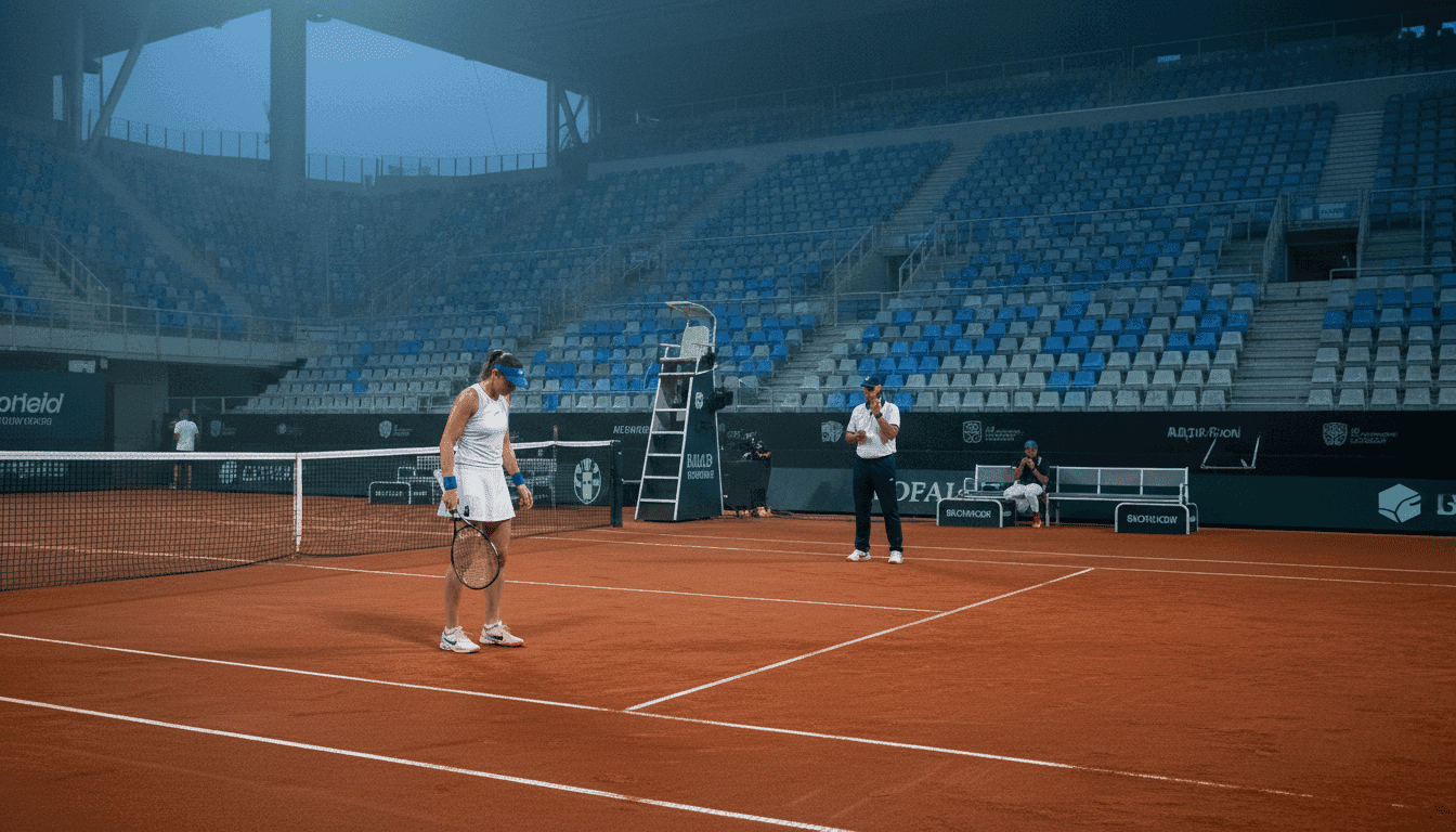 A tennis player standing on a clay court, looking dejected, with their racket held loosely, as an official gestures towards them, reflecting the Madrid Open chaos.