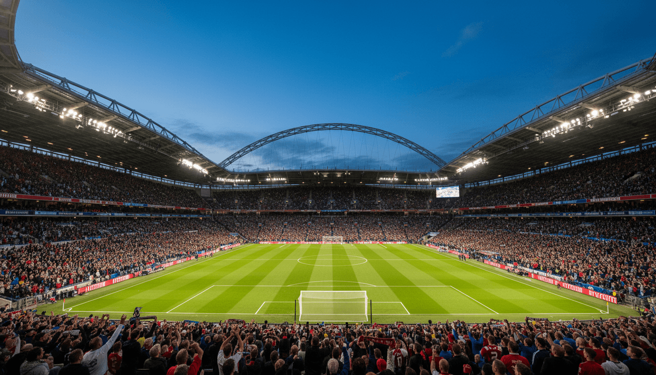 A wide shot of Wembley Stadium, packed with fans, with the pitch clearly visible, as Man City reaches FA Cup final.