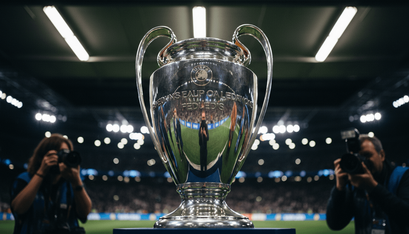 Close-up of the Champions League trophy, reflecting stadium lights after a match, symbolizing the ultimate prize for the Champions League holders.