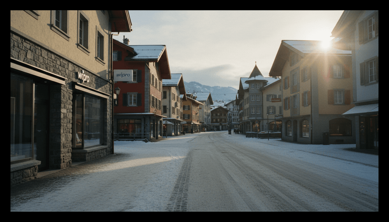 Wipro store signage on Promenade Street in Davos, Switzerland, representing the Wipro Olam acquisition's global reach.