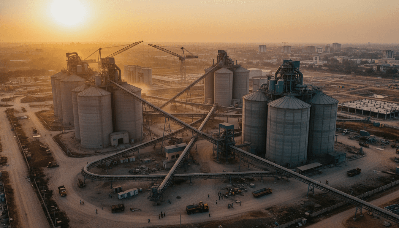 Aerial view of a massive BUA Cement plant with multiple cranes and extensive facilities, illustrating Abdulsamad Rabiu's stunning growth in infrastructure.