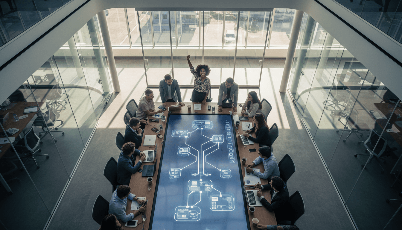 A modern office environment with a team of diverse individuals actively collaborating around a large digital display showing complex data visualizations related to agentic AI deployment, celebrating a recent funding success.