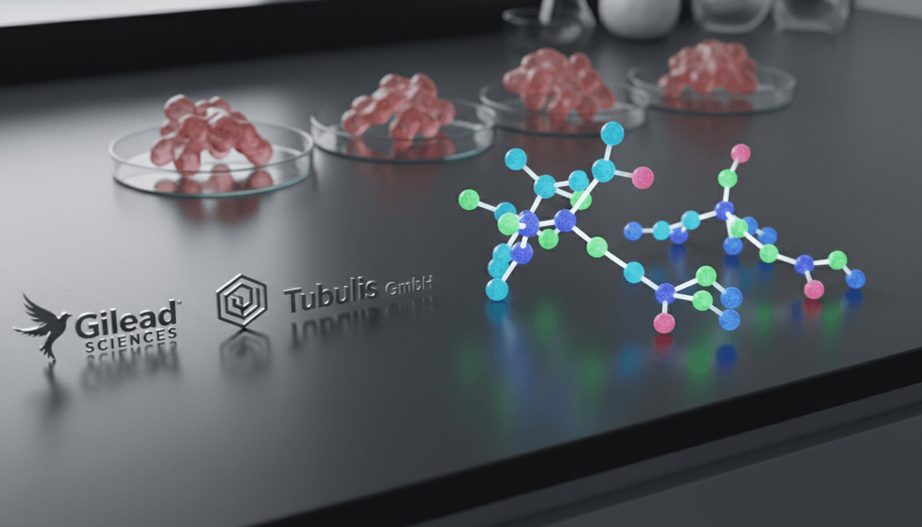 A composition of Gilead Sciences and Tubulis GmbH logos, alongside molecular models of Antibody-Drug Conjugates (ADCs) and a stylized representation of ovarian cancer cells, on a sleek, metallic laboratory bench.