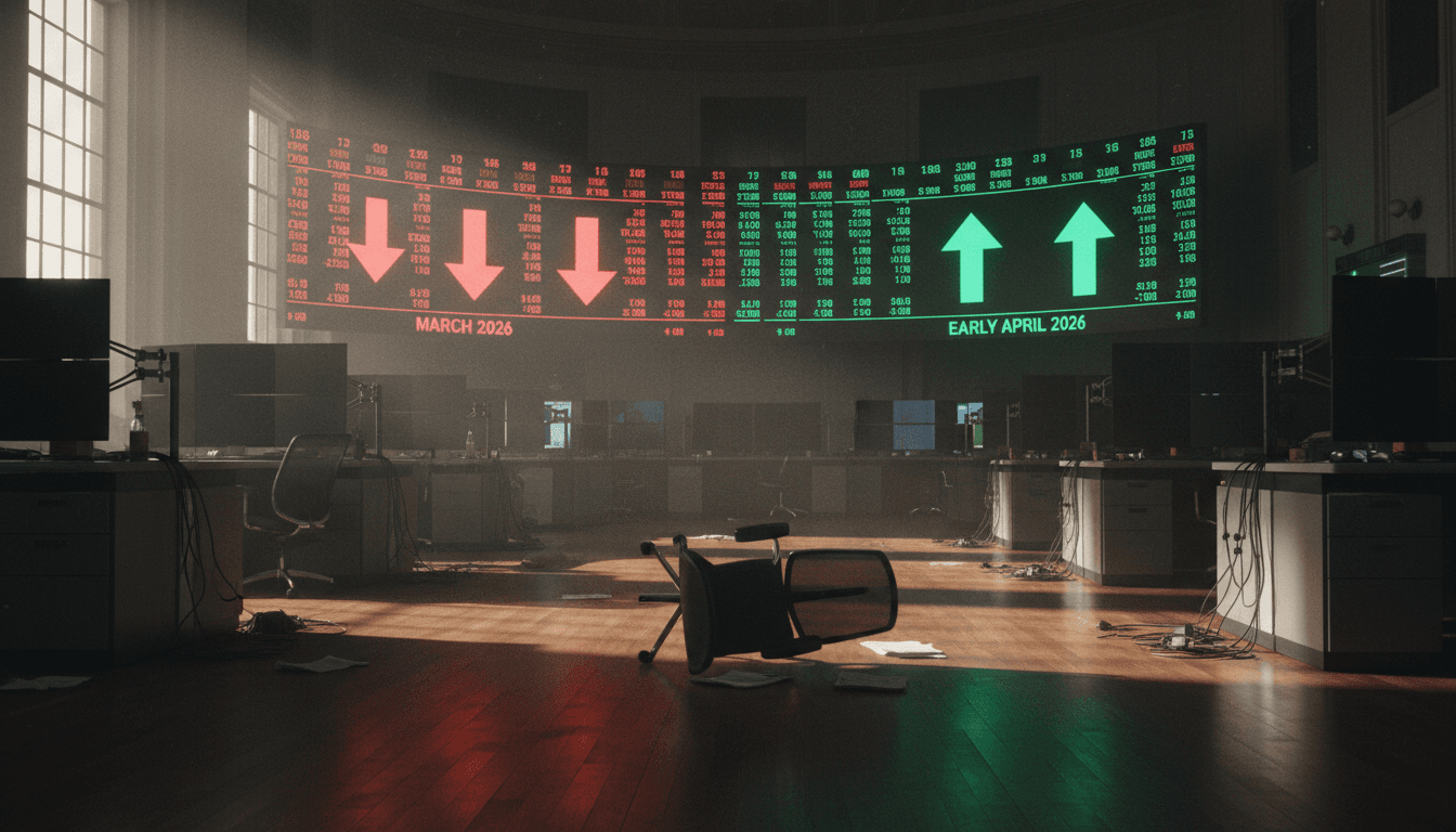 A solitary financial ticker displaying dramatic billionaire wealth swings, with red downward arrows for March followed by green upward arrows for April.