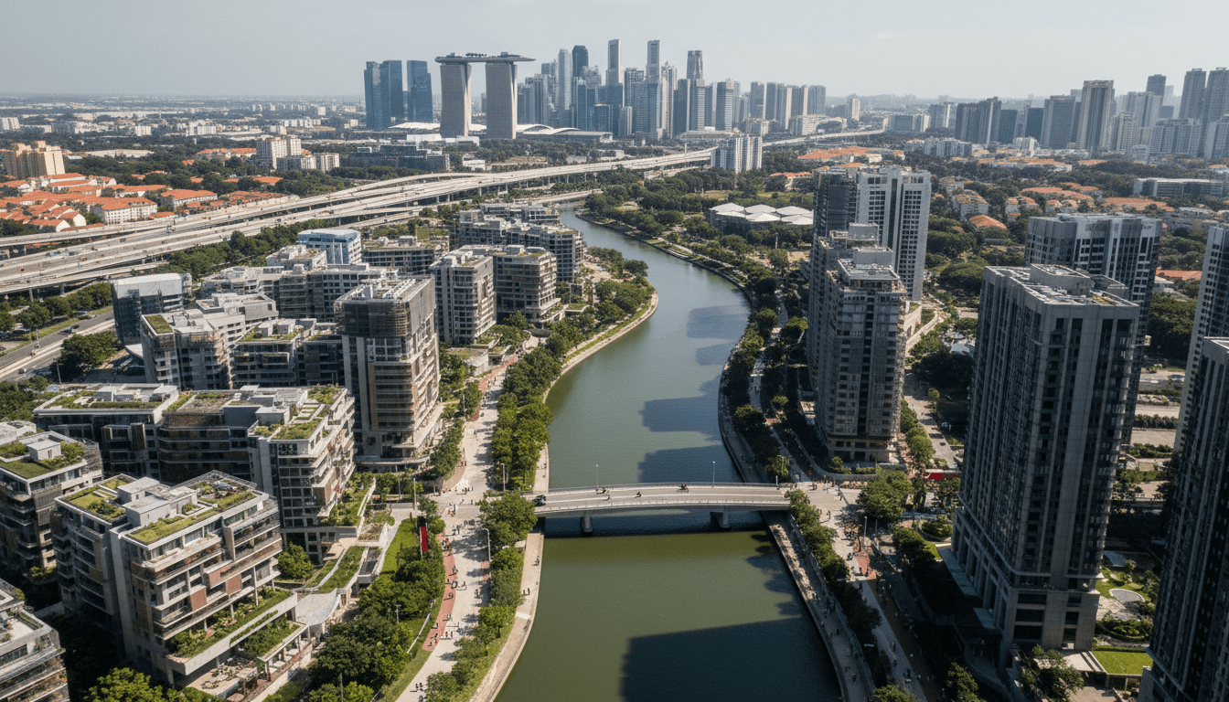 Aerial view of a modern Singapore residential site bid development along the Kallang River, showcasing waterfront homes and city connectivity.