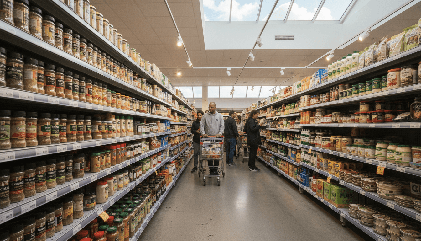 A grocery store aisle showcasing a diverse range of McCormick spices and Unilever food brands, symbolizing the synergistic McCormick-Unilever tie-up.