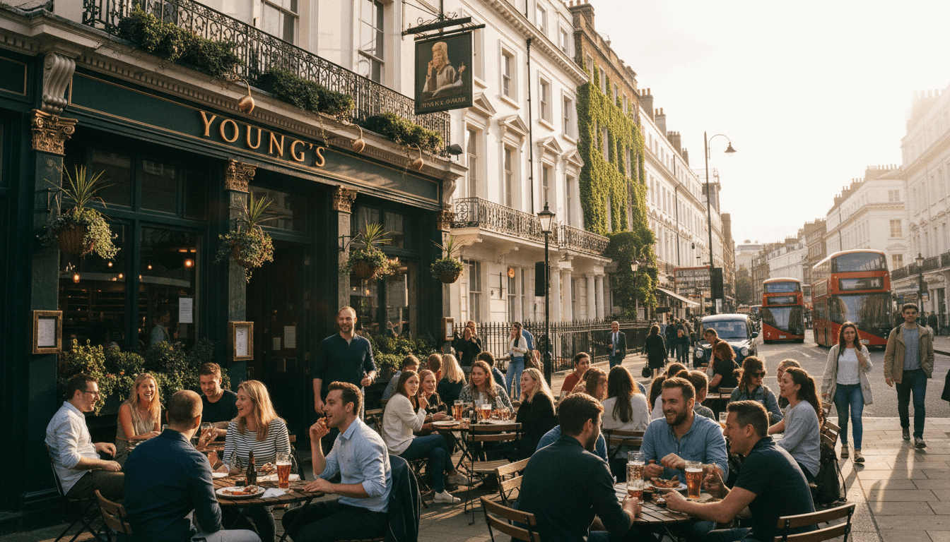 A vibrant street scene in a historic London neighborhood, featuring a charming pub with a 'Young's' sign prominently displayed, illustrating how Young's expands London footprint.