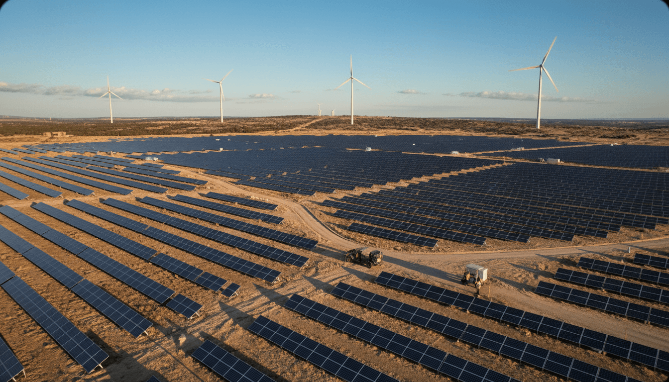 Aerial view of a sprawling solar farm with wind turbines in the distance, illustrating how a Chippenham firm acquires renewables business assets