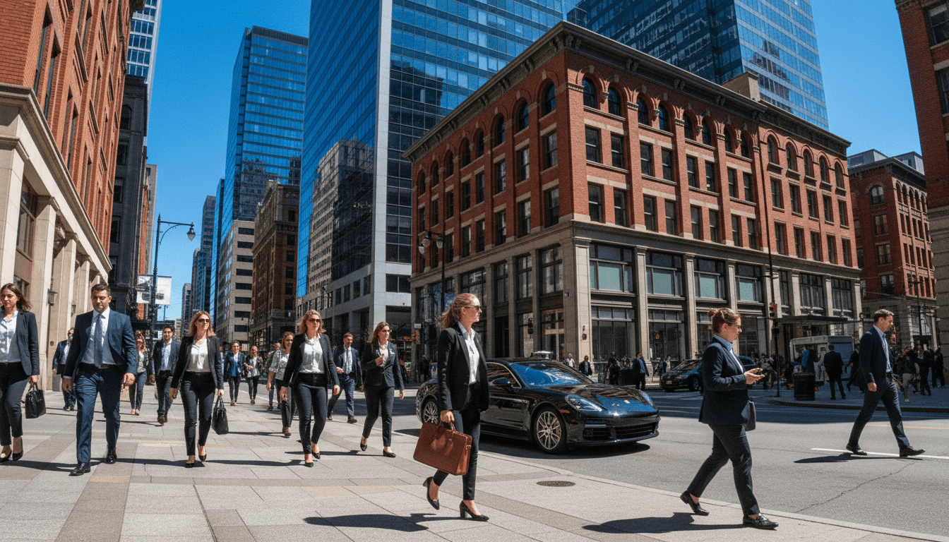 A vibrant street scene in Mississippi, showcasing modern architecture and bustling activity, symbolizing the rise of Mississippi billionaires.