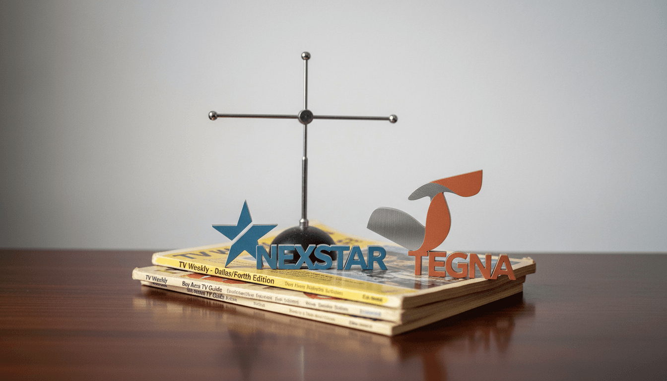 A stylized graphic representing the Nexstar Tegna merger, with two distinct company logos merging into a larger, combined entity, set against a backdrop of local TV antennas and broadcast waves.