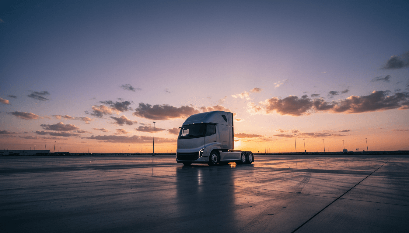 A sleek, modern electric commercial truck, representing the EV truck startup Slate Auto, parked at dawn in a futuristic logistics hub.