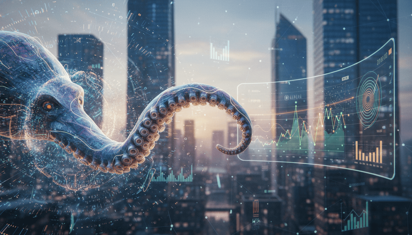 A stylized, glowing kraken tentacle reaching towards a digital stock ticker displaying growth, symbolizing the Kraken IPO still on table amidst market shifts.