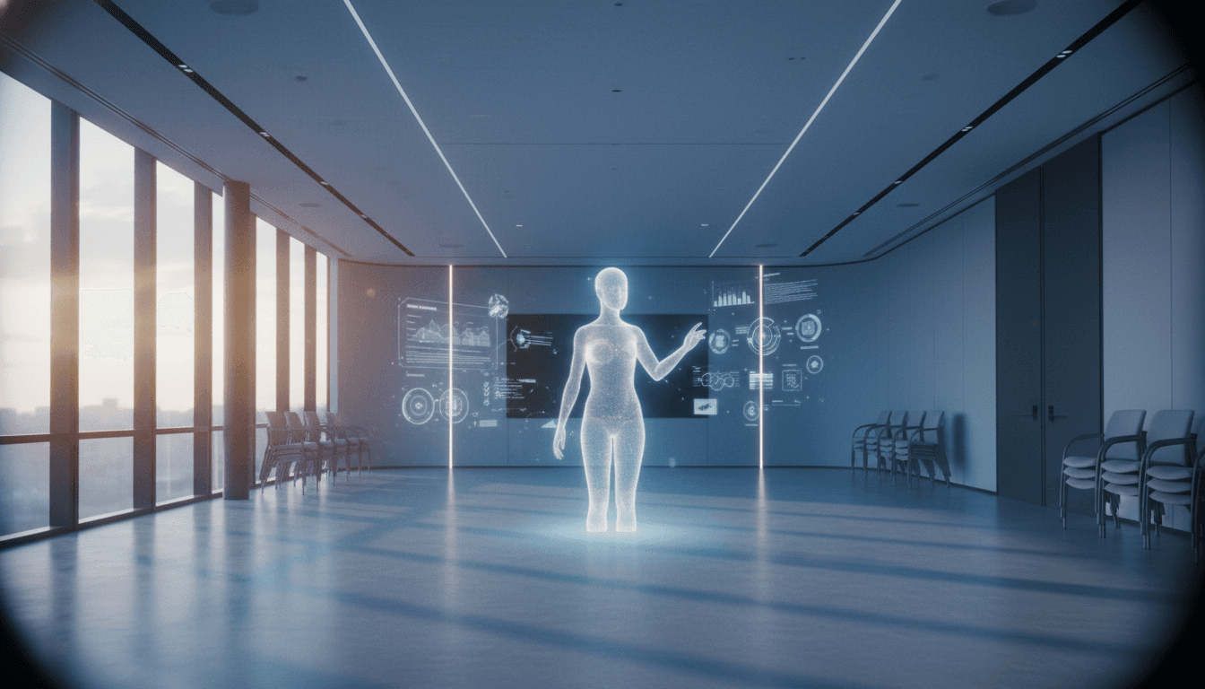 A futuristic digital avatar interacting with a holographic display, symbolizing the impact of transformative AI avatars in corporate training.