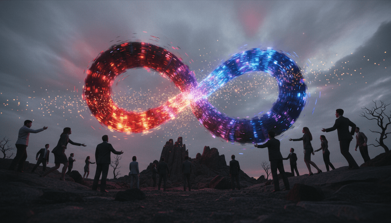 A conceptual image representing a political spending surge with two massive, abstract financial currents, one red and one blue, converging and creating ripples.