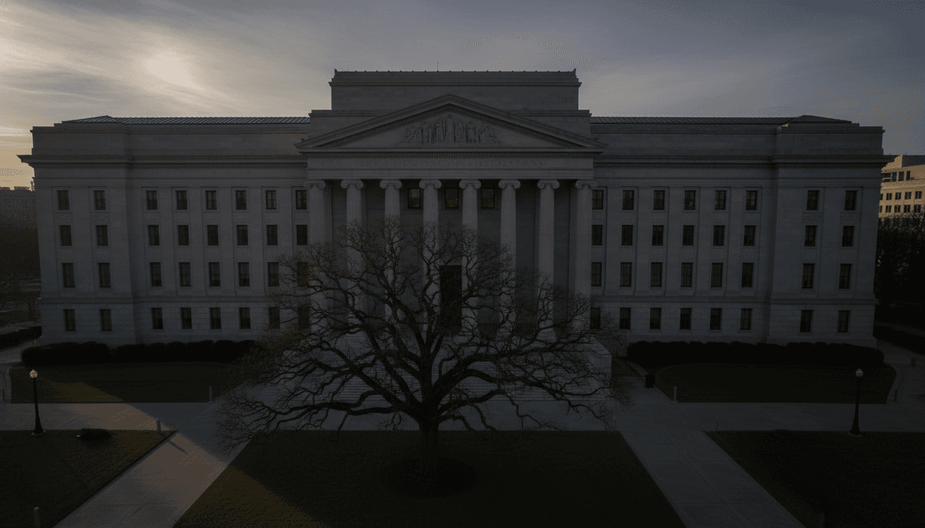 A federal courthouse bathed in the soft glow of dawn, symbolizing the Nexstar-Tegna merger blocked by judicial action.