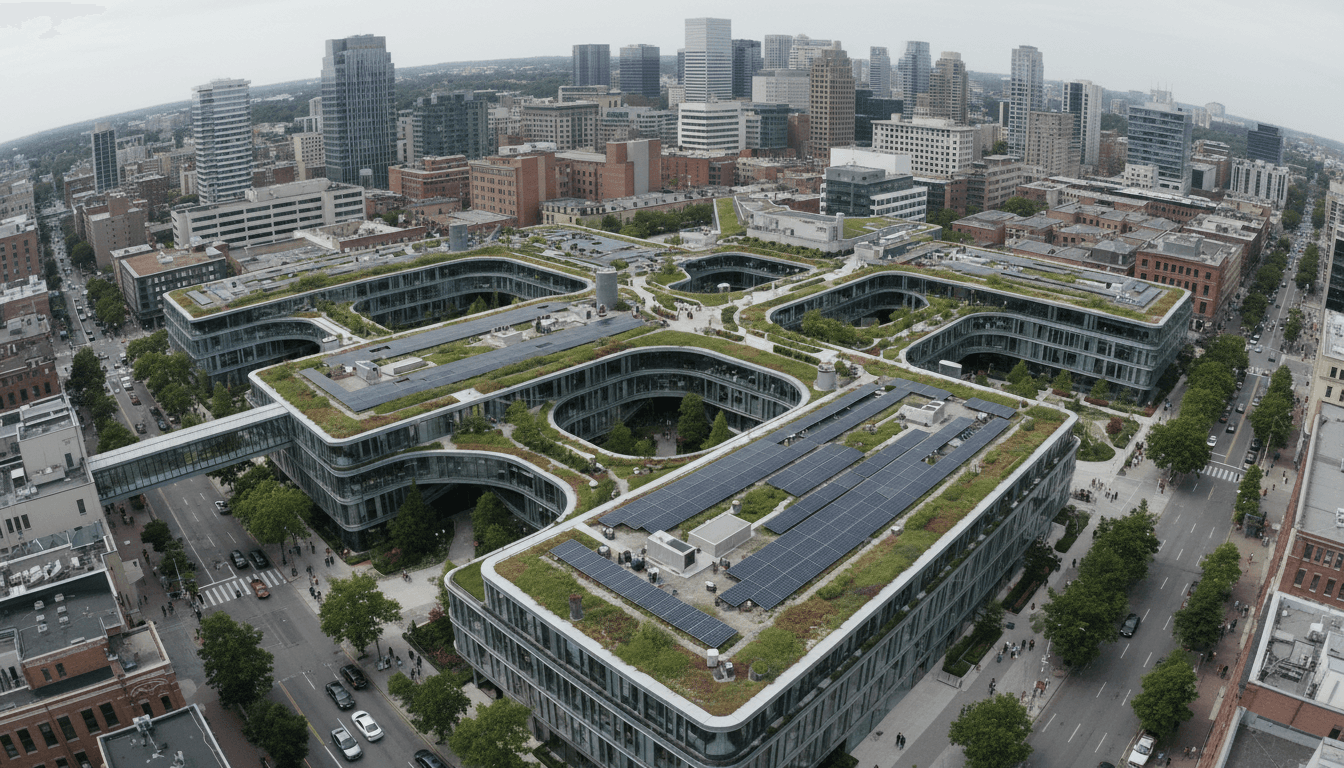 Aerial view of a sprawling modern healthcare campus with integrated smart buildings, symbolizing the impact of a HealthTech unicorn.