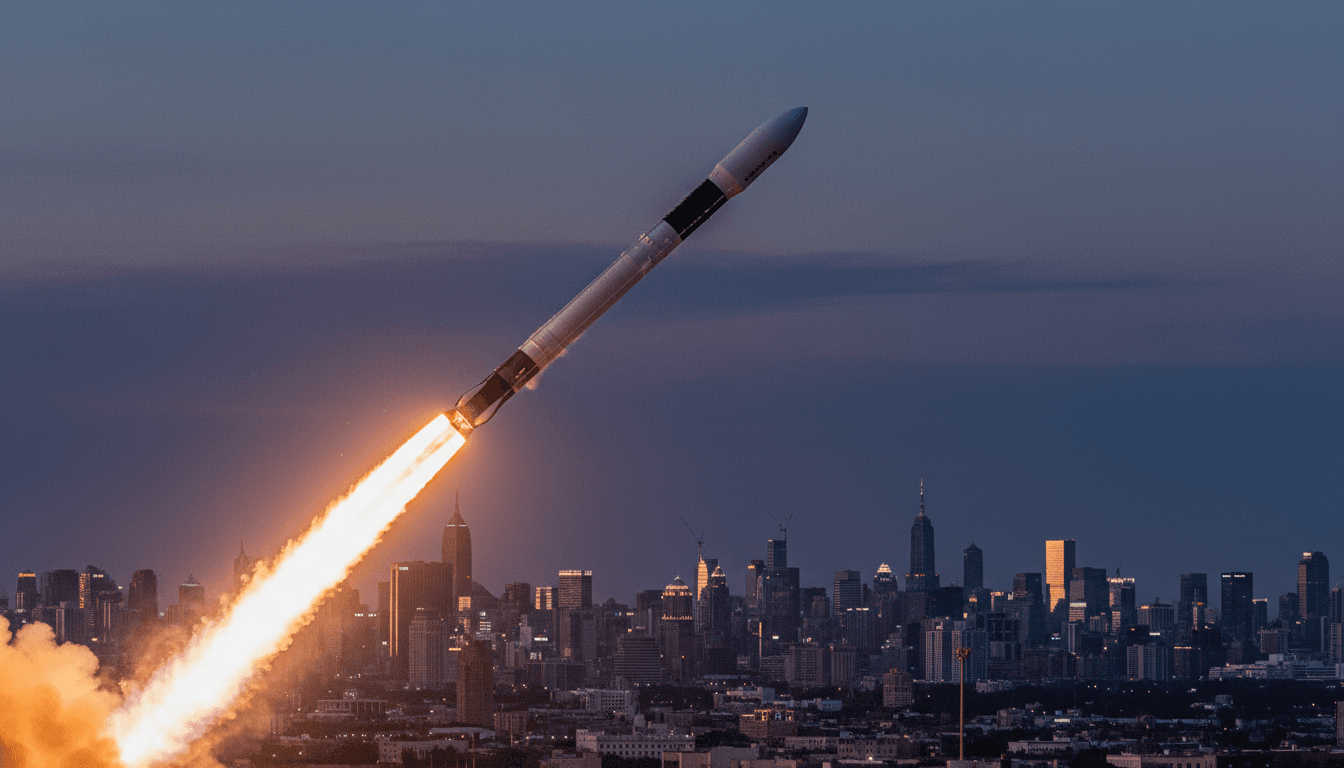 A rocket launching into a twilight sky, symbolizing the potential for FTSE stocks to benefit from a SpaceX investment.
