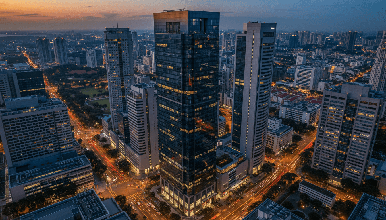 An aerial view of a modern, gleaming Singapore Office Tower Acquisition site in the central business district at dusk.