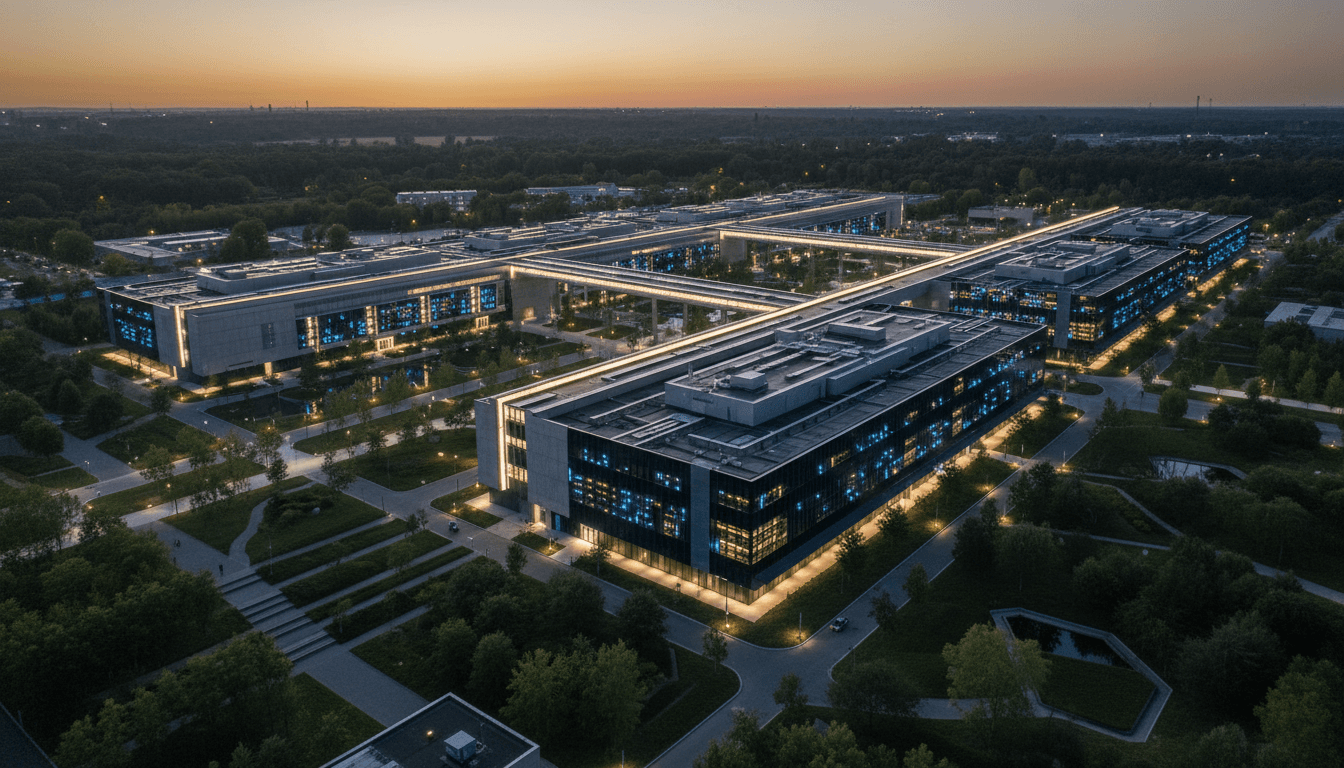 Aerial perspective of a futuristic, interconnected data center representing the CuspAI funding round success and its AI capabilities