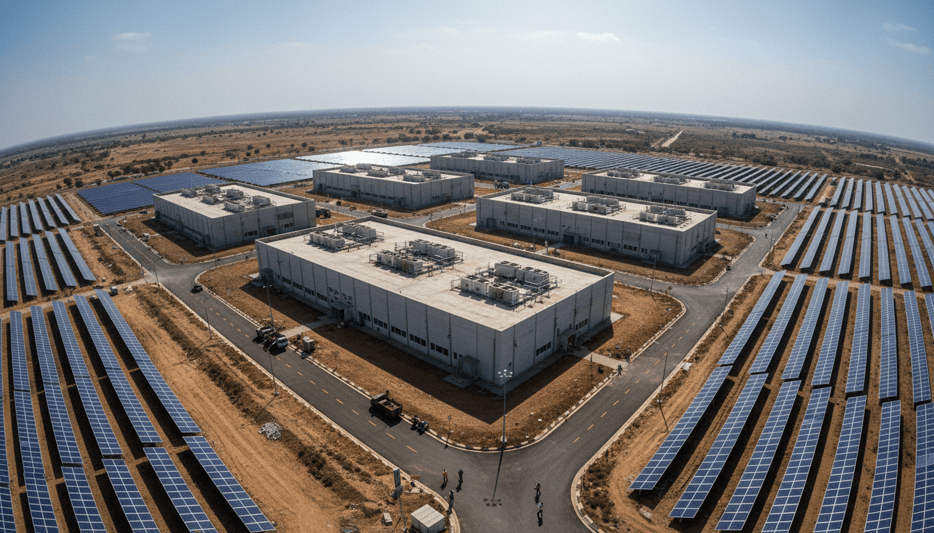 Aerial view of a sprawling hyperscale data center campus in India, showcasing numerous large, modern buildings and extensive solar panel arrays, symbolizing AirTrunk expands India data centers.