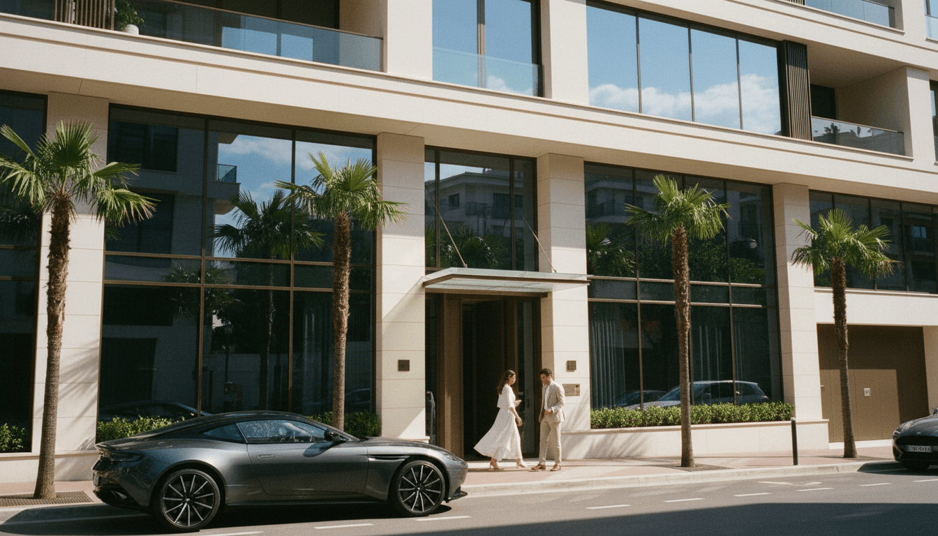 Street view of a sleek, modern Monaco flat building with a luxurious facade, hinting at the high-value acquisition by a Ukrainian tycoon.
