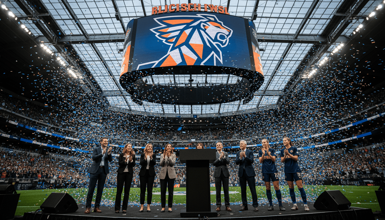 A bustling stadium during an NWSL expansion franchise announcement, with a new team logo projected on a large screen.