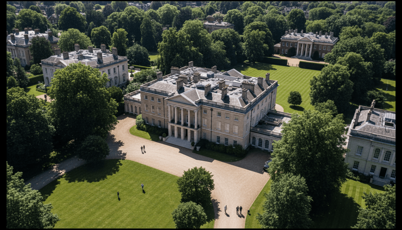 Aerial view of a sprawling Billionaire's Row mansion sale property with manicured gardens and high walls, showcasing its exclusivity.
