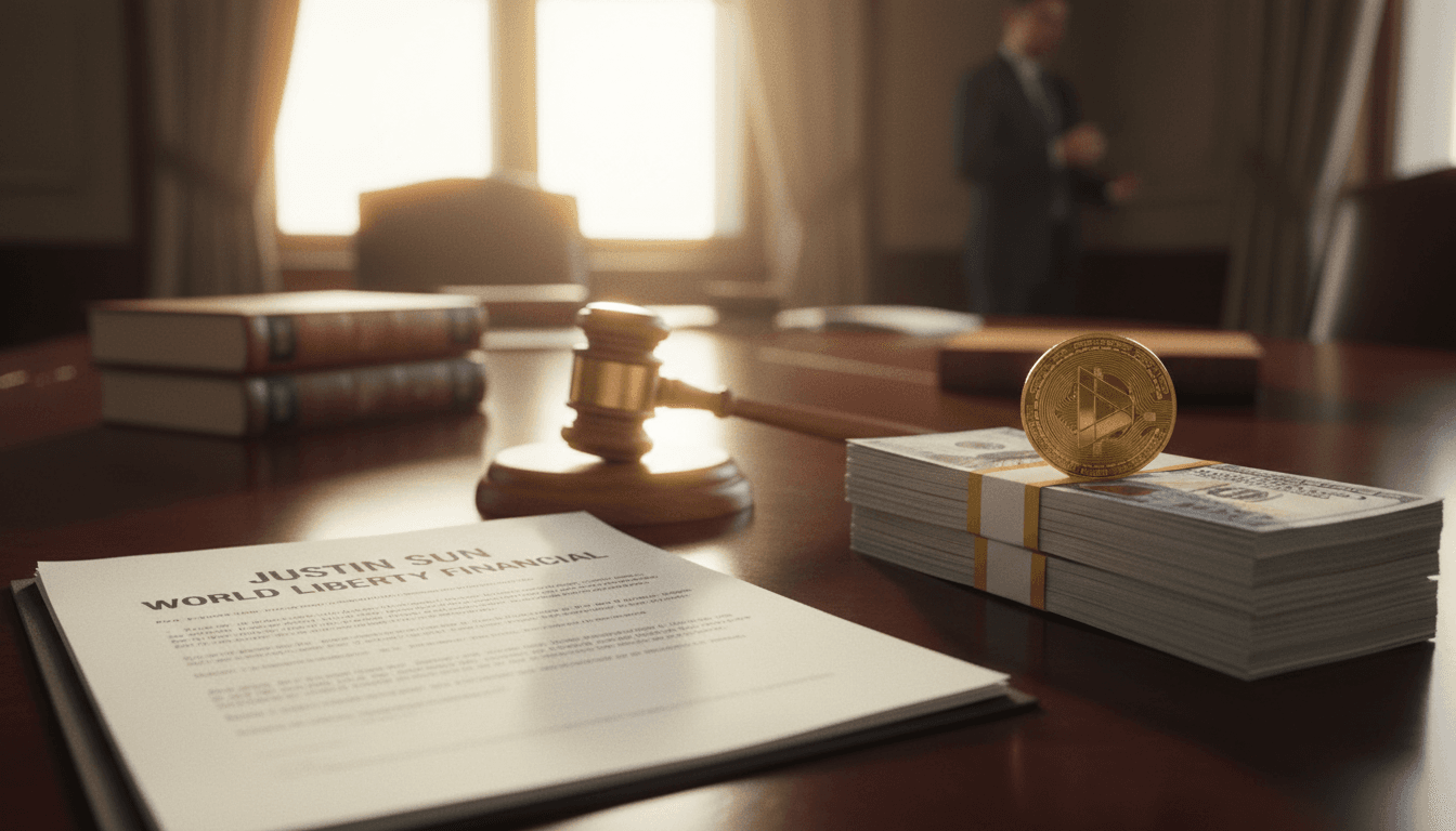 A legal document featuring the names 'Justin Sun' and 'World Liberty Financial' on a polished wooden desk, with a crypto-themed coin partially visible next to a stack of dollar bills, symbolizing the $45 million investment and the ensuing lawsuit.
