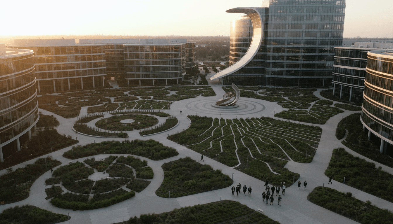 Aerial view of a bustling L'Oréal corporate campus, reflecting the growth of the L'Oréal heiress' fortune.