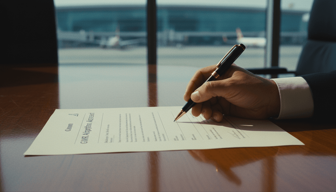 G.M. Rao Buys GMR Airports Stake: A hand holding a pen signs a significant $1 billion deal document for an airport acquisition.