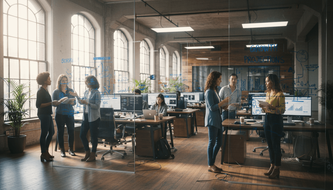 A bustling modern office environment, with teams collaborating around whiteboards, symbolizing the growth fueled by a founder's hunch.