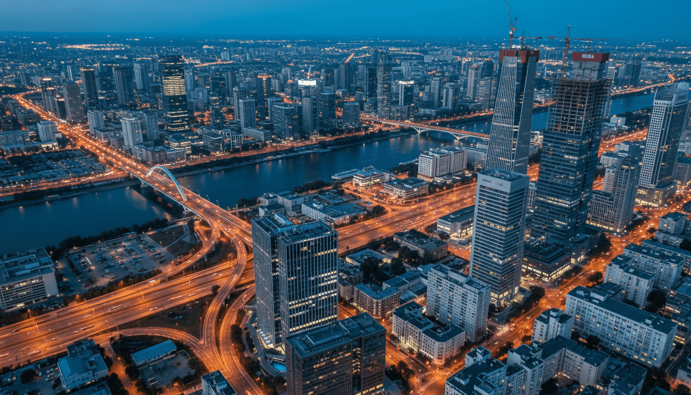 Aerial view of a bustling urban skyline at dusk, with numerous high-rise buildings featuring visible elevator shafts and escalators, symbolizing the impact of Kone Nears TK Elevator Deal.