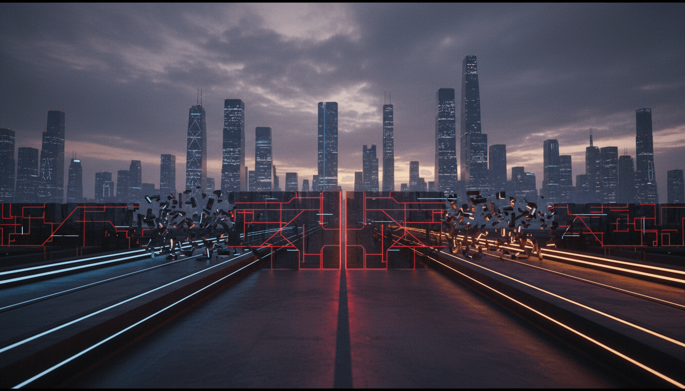 A digital representation of a broken bridge with one side showing the Meta logo and the other a stylized 'Manus' logo, set against a backdrop of a silhouetted Chinese cityscape under a twilight sky, symbolizing China blocks Meta's AI startup Manus acquisition.
