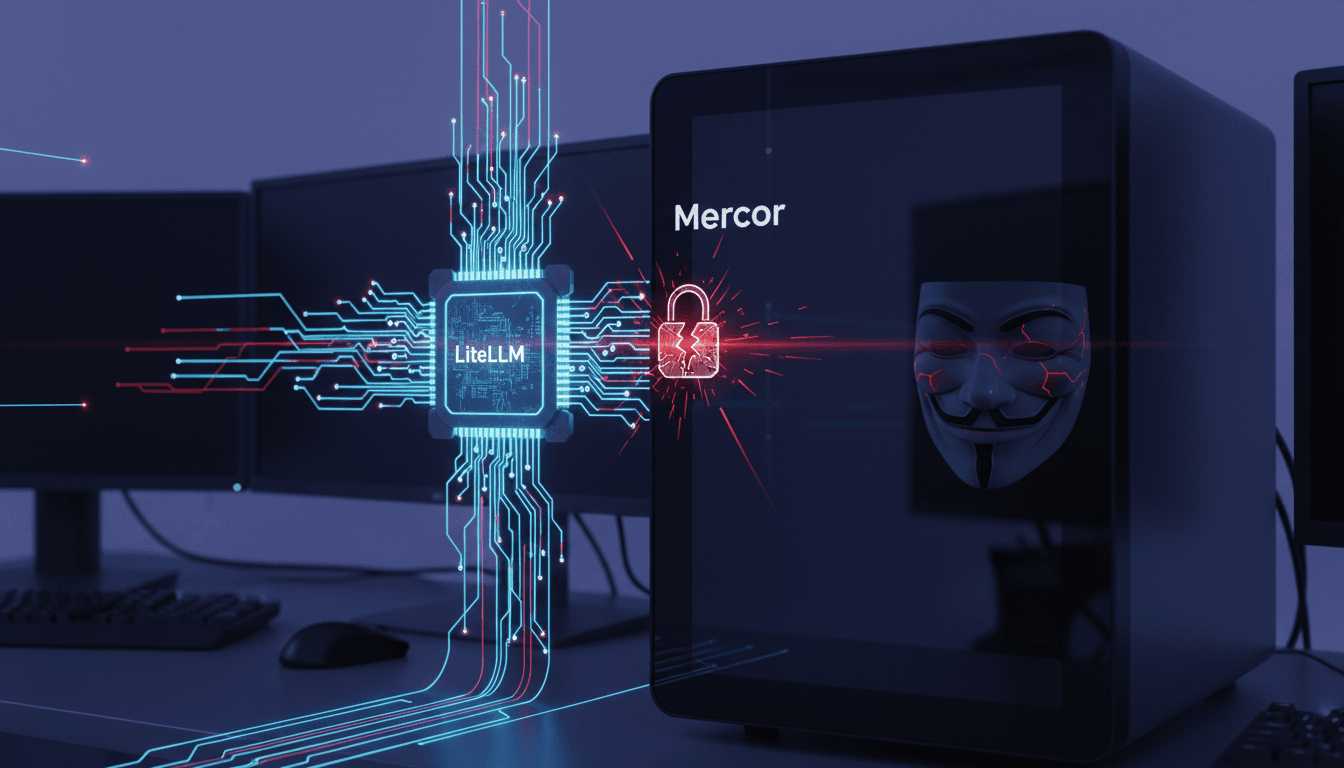 Digital representation of a network connection under attack, with glowing red lines converging on a server labeled 'LiteLLM' and a company logo for 'Mercor' in the background, symbolizing the Mercor cyberattack.