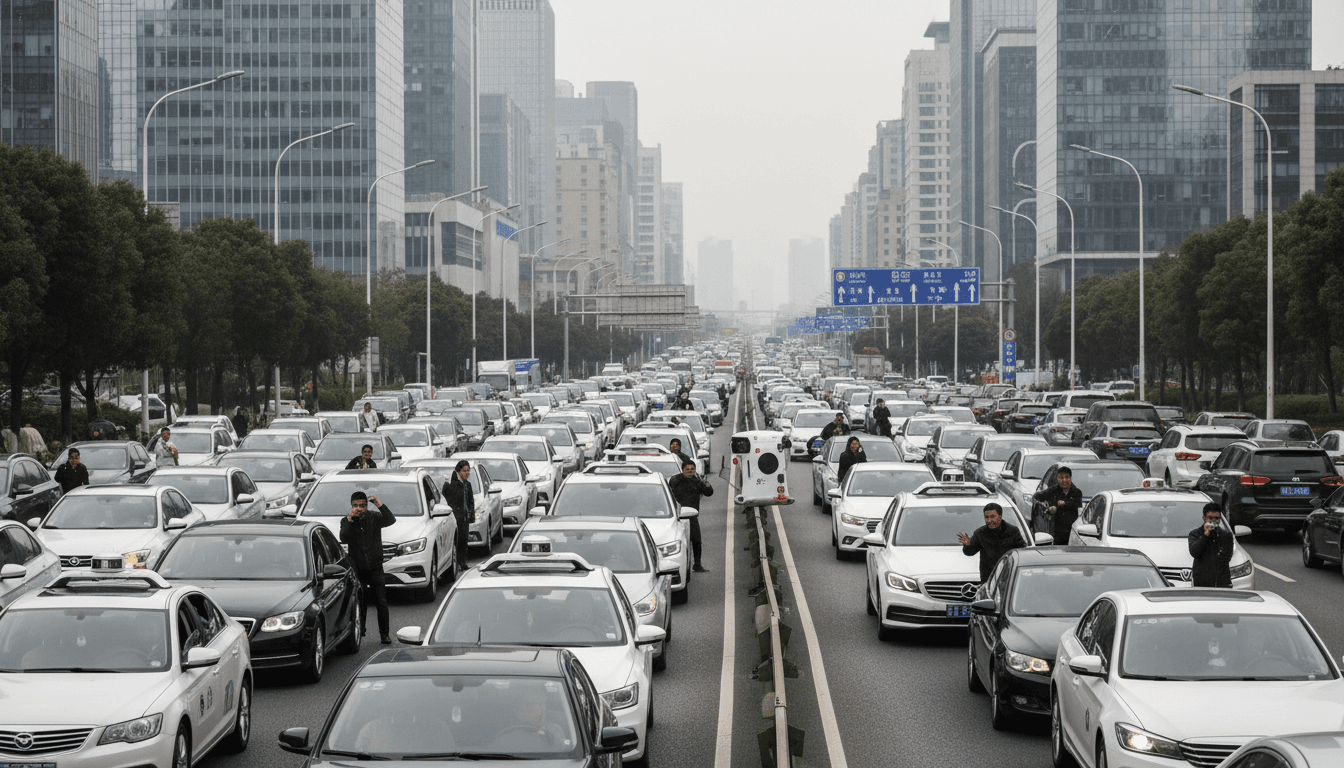 A wide shot of multiple Baidu robotaxis frozen and stationary in heavy urban traffic in Wuhan, creating a chaotic scene.