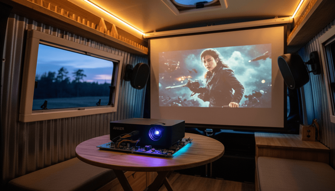 A candid shot of the Anker Nebula P1 is the portable sound king projector set up in a van, projecting an image onto a screen with its detachable speakers positioned for optimal sound.